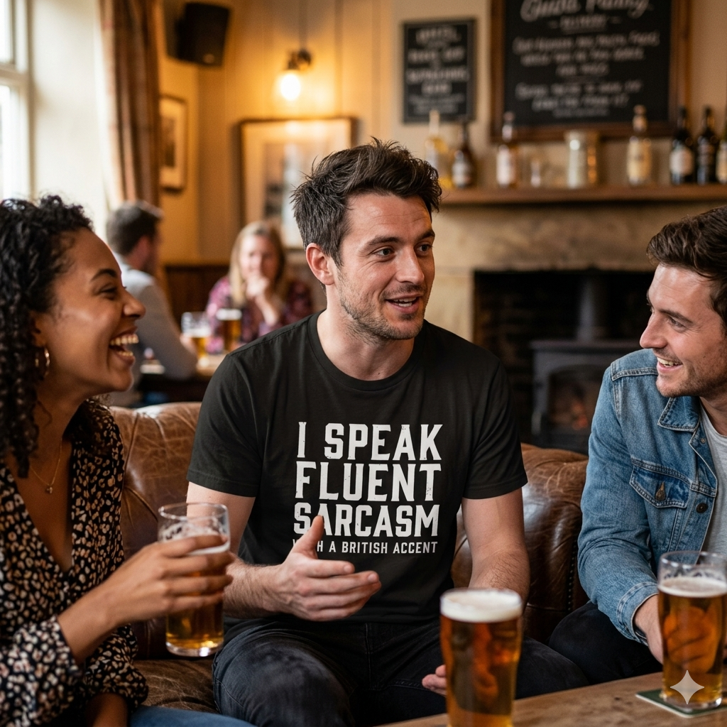 Three people sitting together in a pub, enjoying drinks and conversation. With man wearing black t shirt graphic I speak fluent sarcasm 