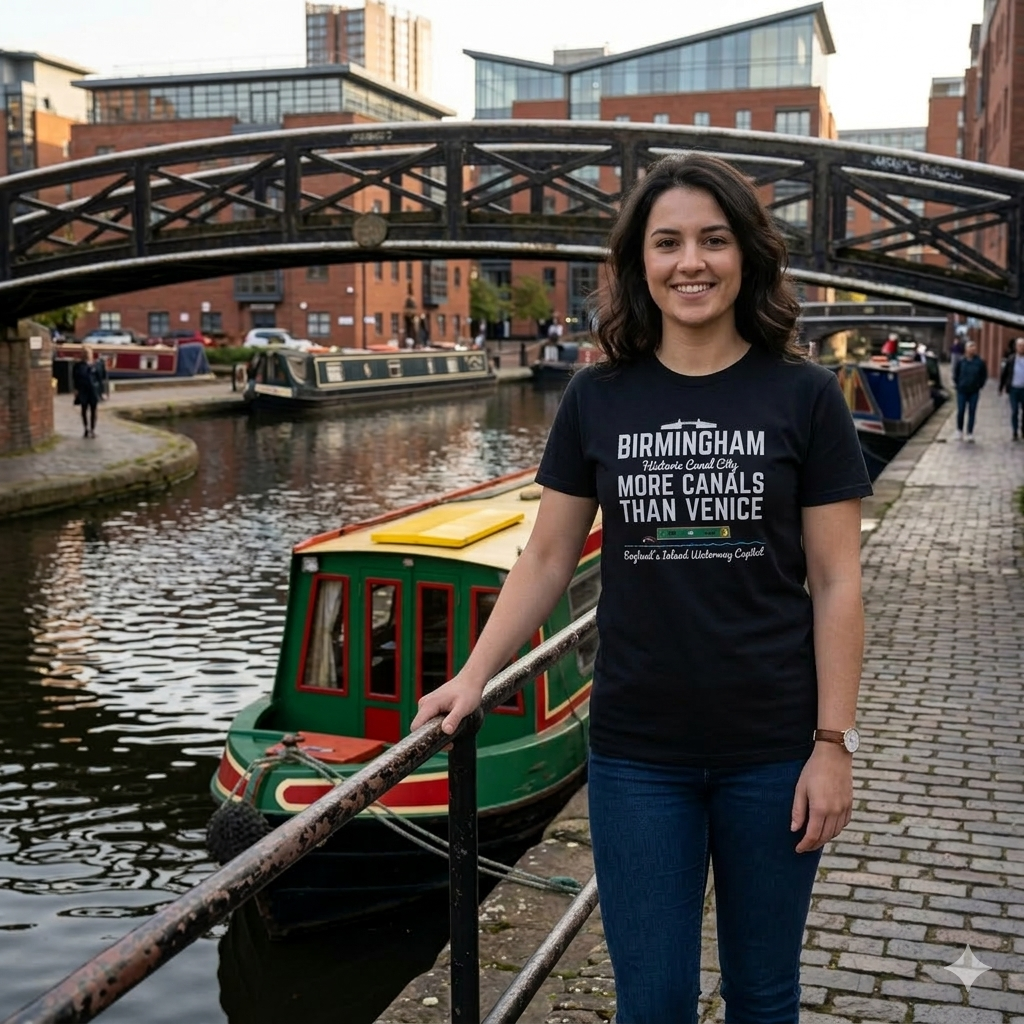 Woman wearing a black t-shirt with a Birmingham has more canals than venice slogan,  standing by a canal with boats and a bridge in the background.
