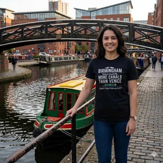 Woman wearing a black t-shirt with a Birmingham has more canals than venice slogan,  standing by a canal with boats and a bridge in the background.