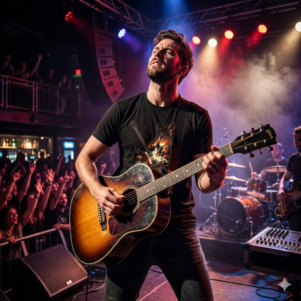 Man playing guitar on stage with colourful lights and a crowd in the background wearing "Broken Guitar Smash"  black T-Shirt graphic