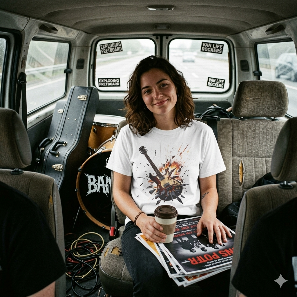 Woman sitting inside rock bands  van with musical instruments and a coffee cup. Wearing "Broken Guitar Smash" graphic white T-Shirt