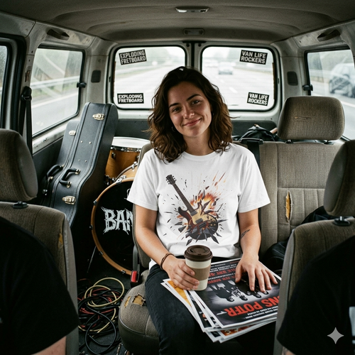 Woman sitting inside rock bands  van with musical instruments and a coffee cup. Wearing "Broken Guitar Smash" graphic white T-Shirt