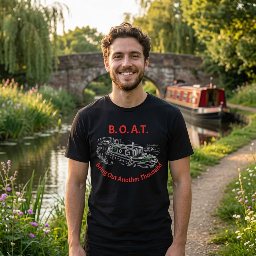 Man wearing a black t-shirt with 'B.O. A T STANDS FOR BRING OUR ANOTHER THOUSAND