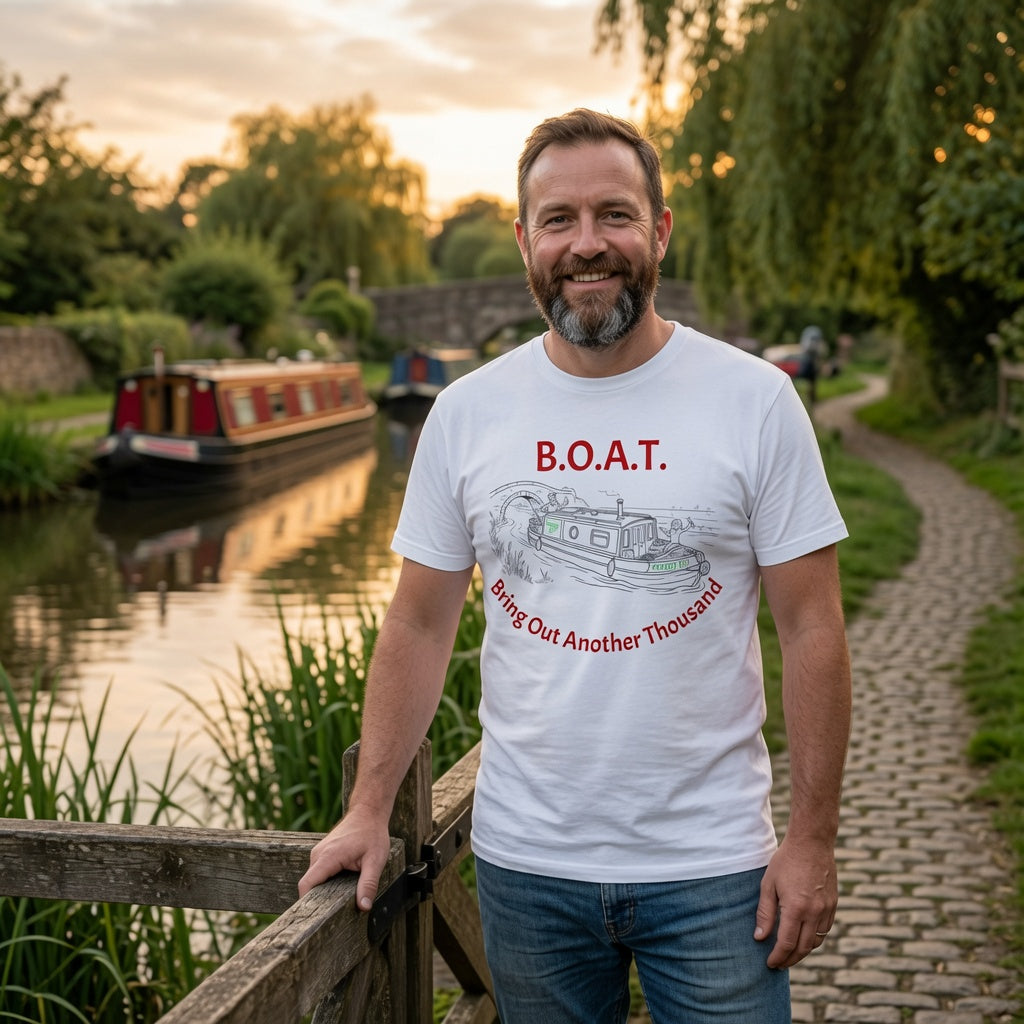 Man wearing a white t-shirt with a boat graphic and text, BRING OUT ANOTHER THOUSAND standing by a canal with boats and greenery.