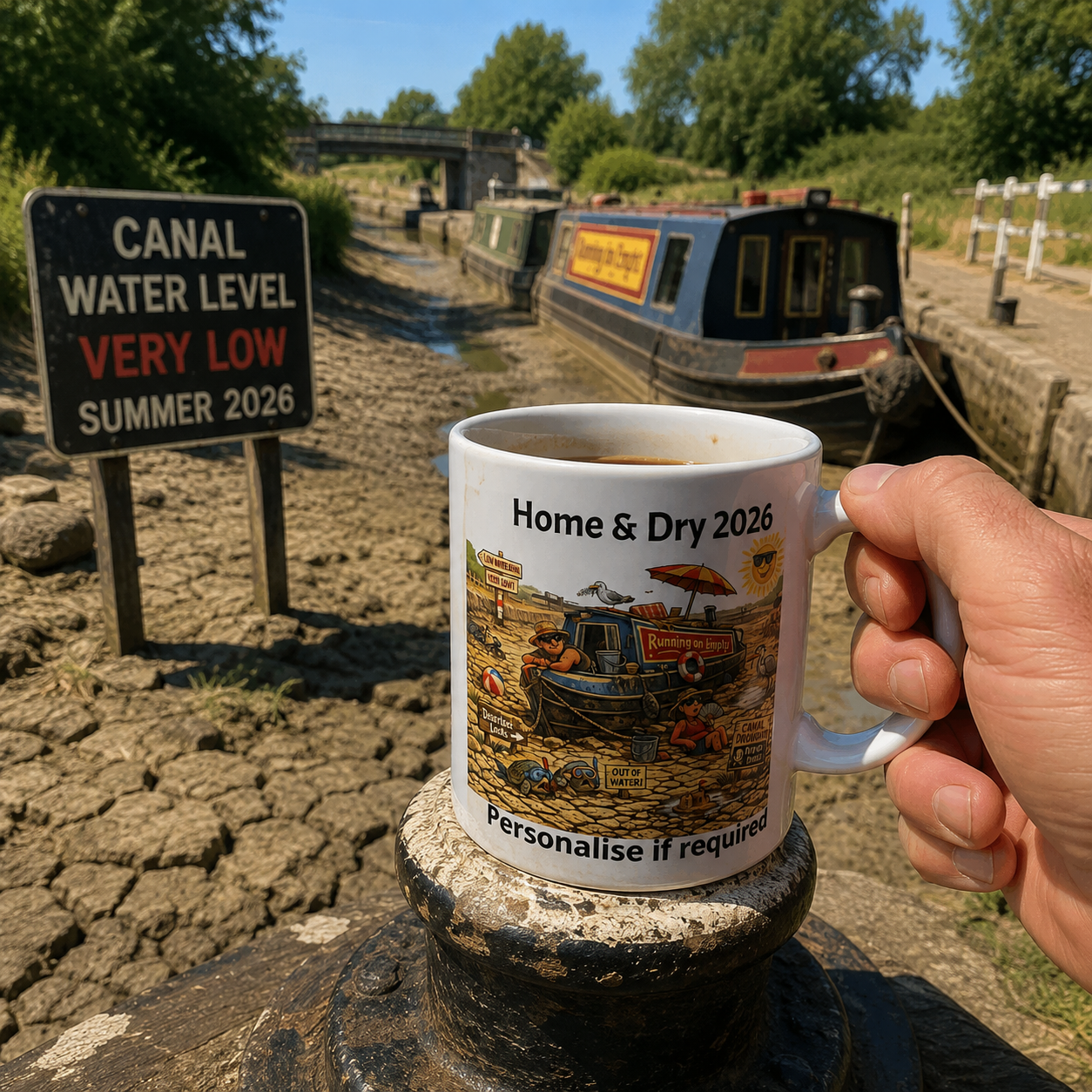 A hand holds a white ceramic mug printed with a canal boat illustration and the text 'Home & Dry 2026' and 'Personalise if required' in front of an outdoor canal scene with a boat and a low water-level sign.
