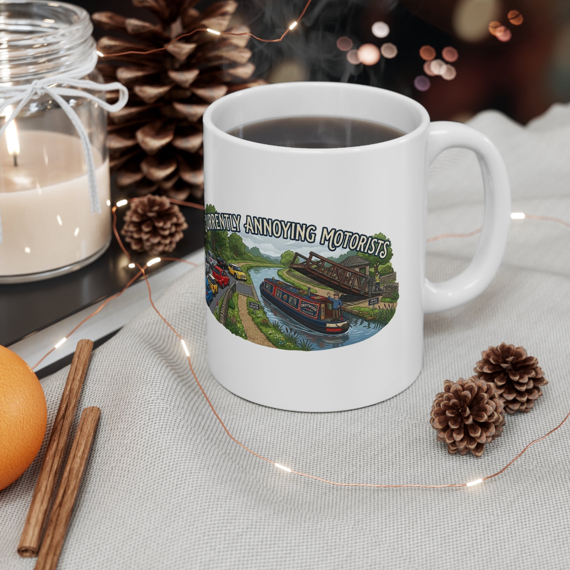 Ceramic Mug — "Currently Annoying Motorists" Canal Boat Humourous  Illustration
