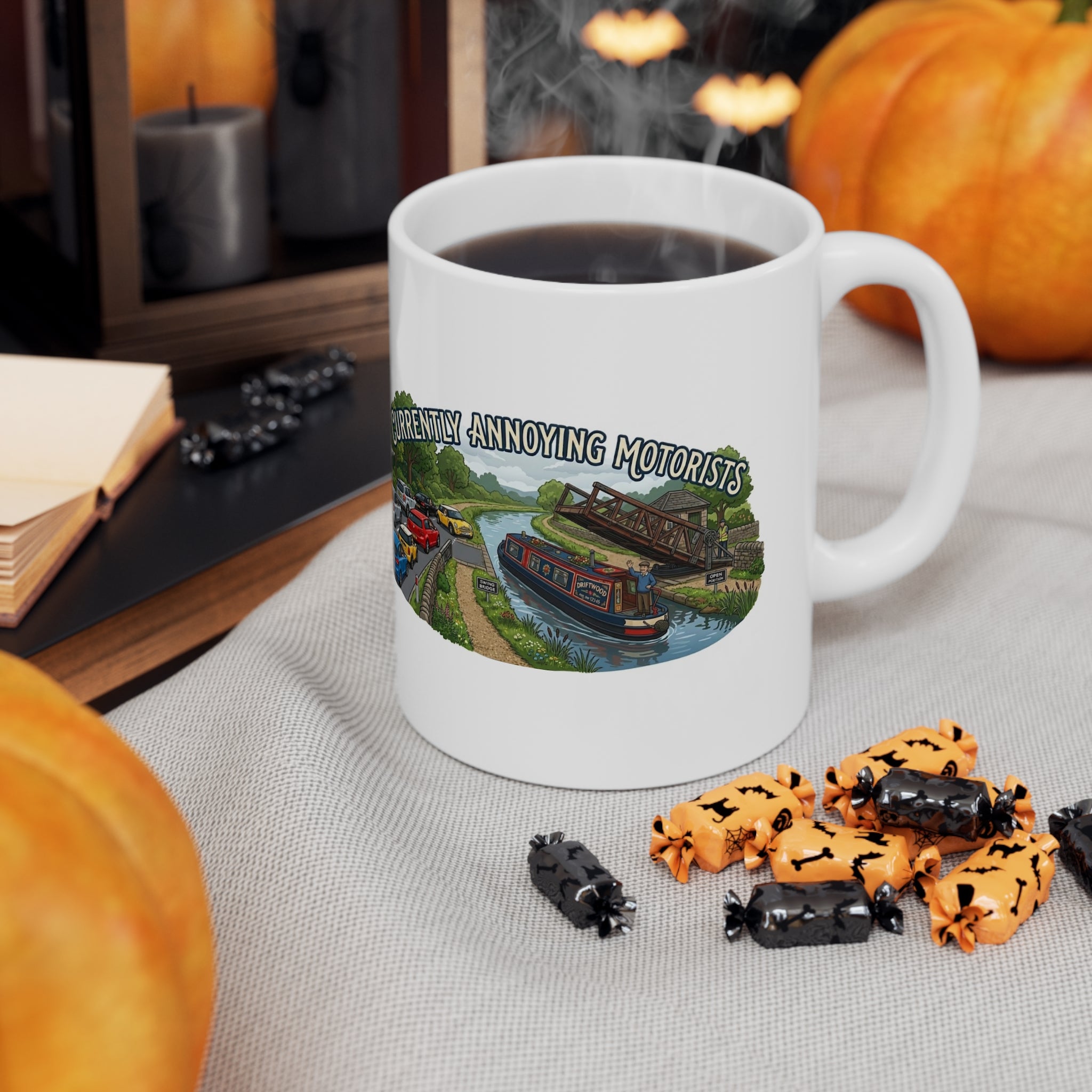 Ceramic Mug — "Currently Annoying Motorists" Canal Boat Humourous  Illustration
