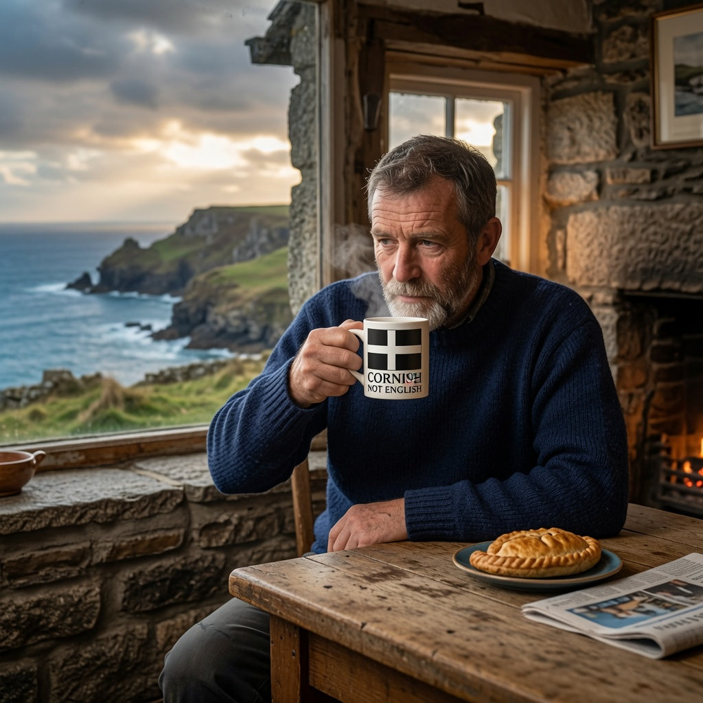 A man in a navy blue sweater sits by a stone fireplace holding a mug that reads 'CORNISH NOT ENGLISH', with a Cornish pasty on the table and a scenic coastal view outside the window.