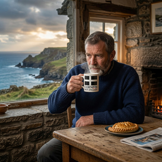 A man in a navy blue sweater sits by a stone fireplace holding a mug that reads 'CORNISH NOT ENGLISH', with a Cornish pasty on the table and a scenic coastal view outside the window.