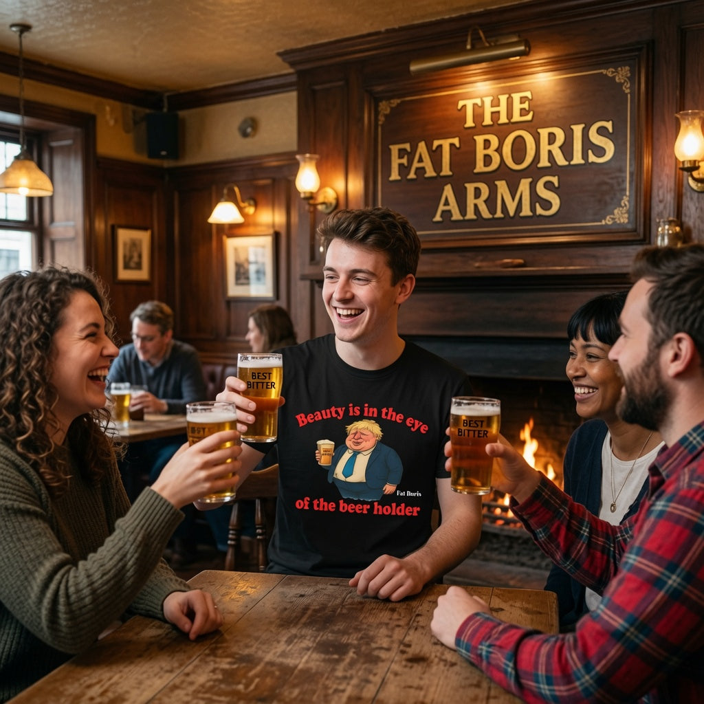 Fat Boris Beer Shed Collection - Beauty is in the Eye of the Beer Holder Unisex T-Shirt Printify