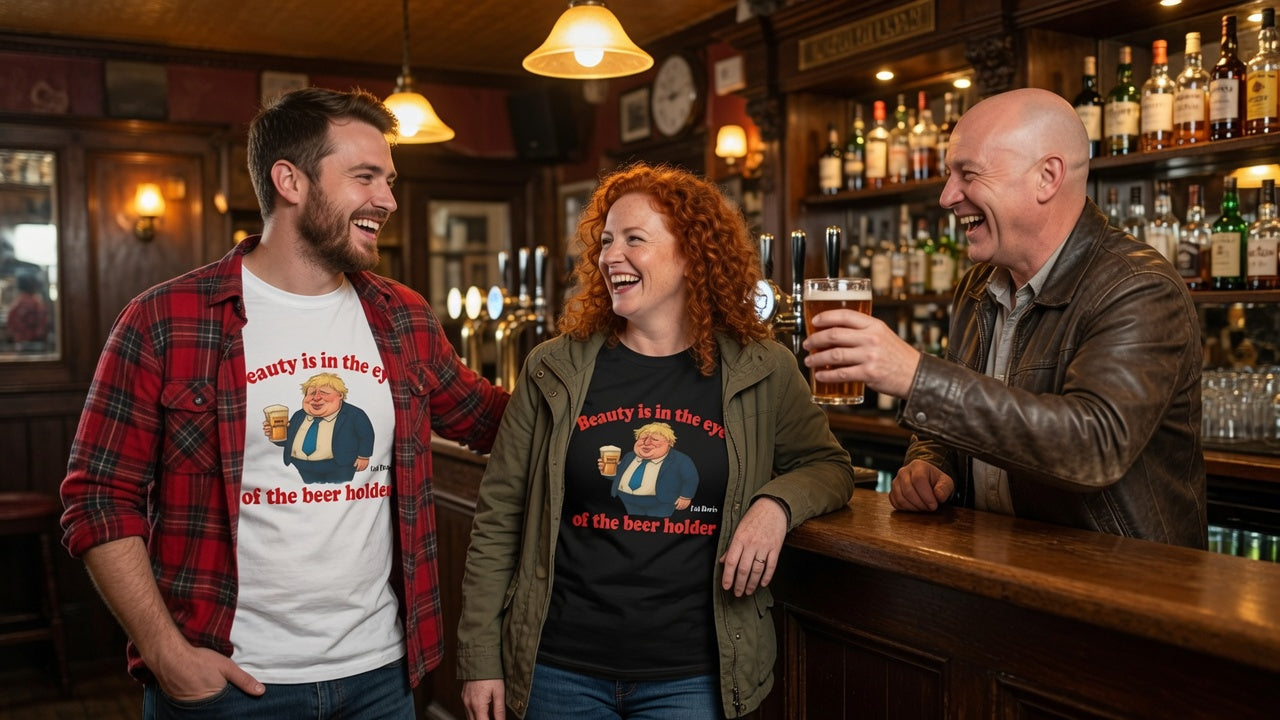 Fat Boris Beer Shed Collection - Beauty is in the Eye of the Beer Holder Unisex T-Shirt Printify