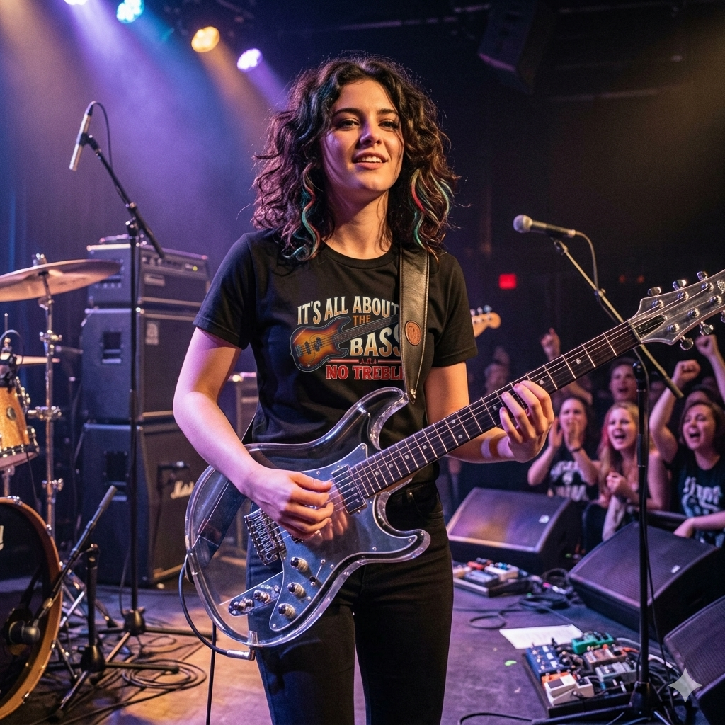 Woman playing  bass guitar on stage with a microphone and equipment around wearing a black t shirt graphic its all about the bass no treble 
