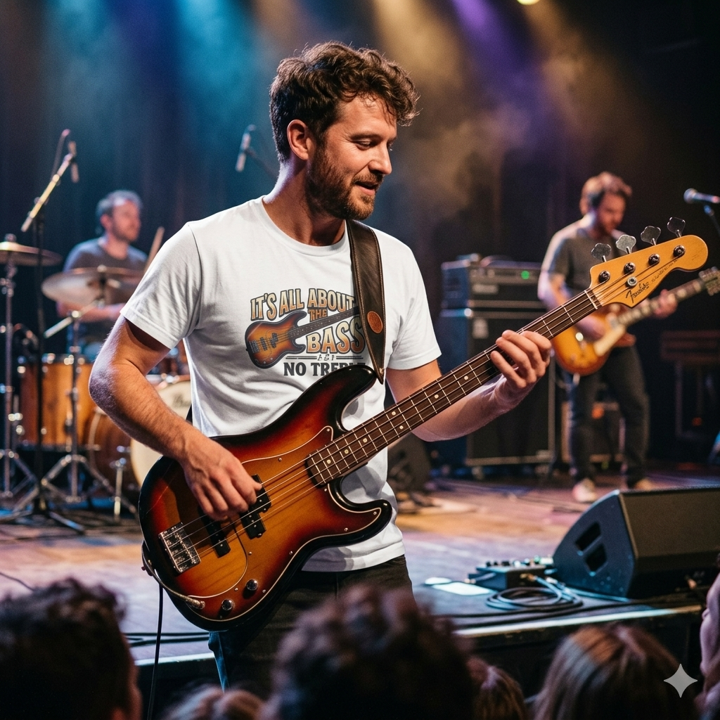 Bass guitarist playing at a gig wearing a white t shirt graphic its all about the bass no treble