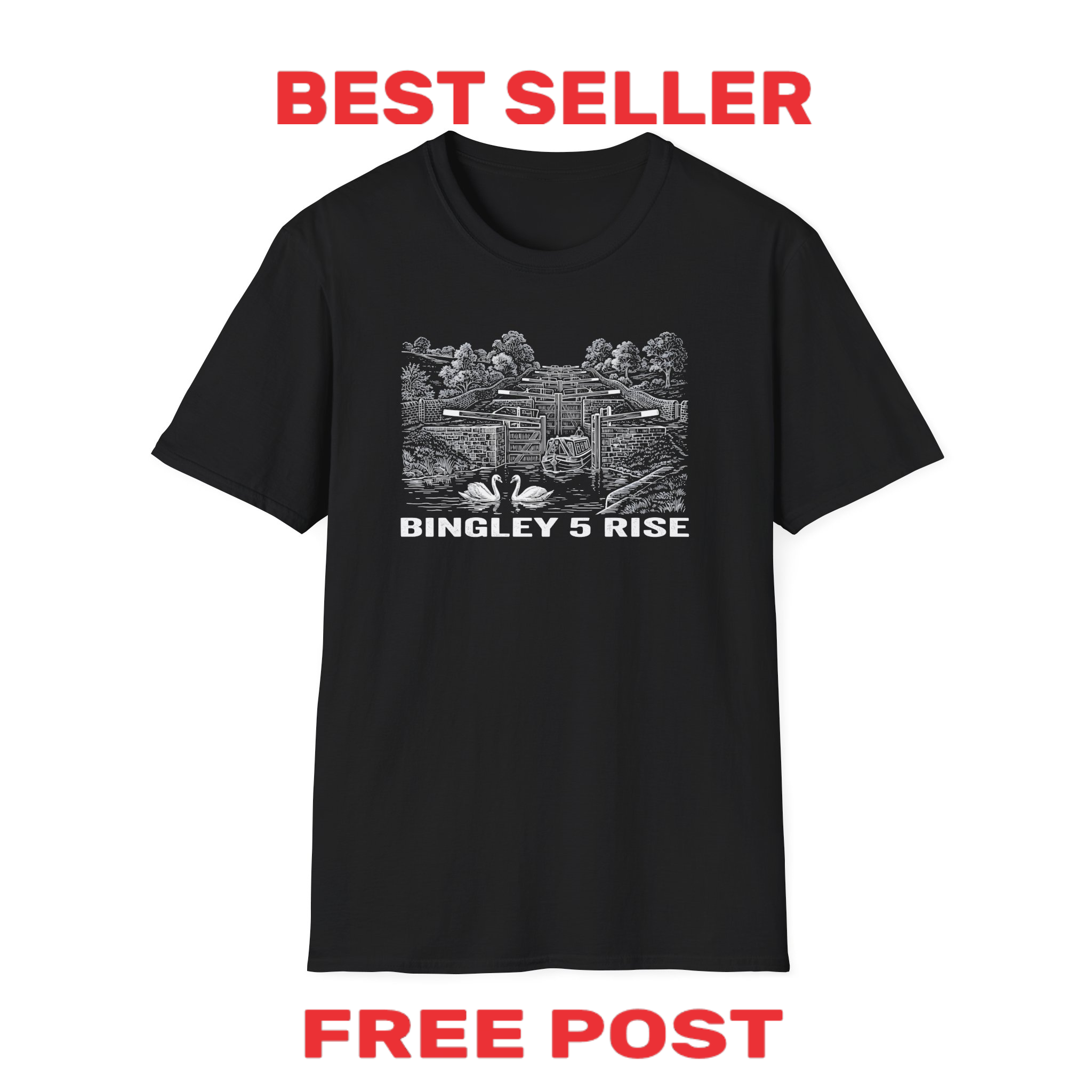 Black t-shirt with graphic design and text 'Bingley 5 Rise' on a white background