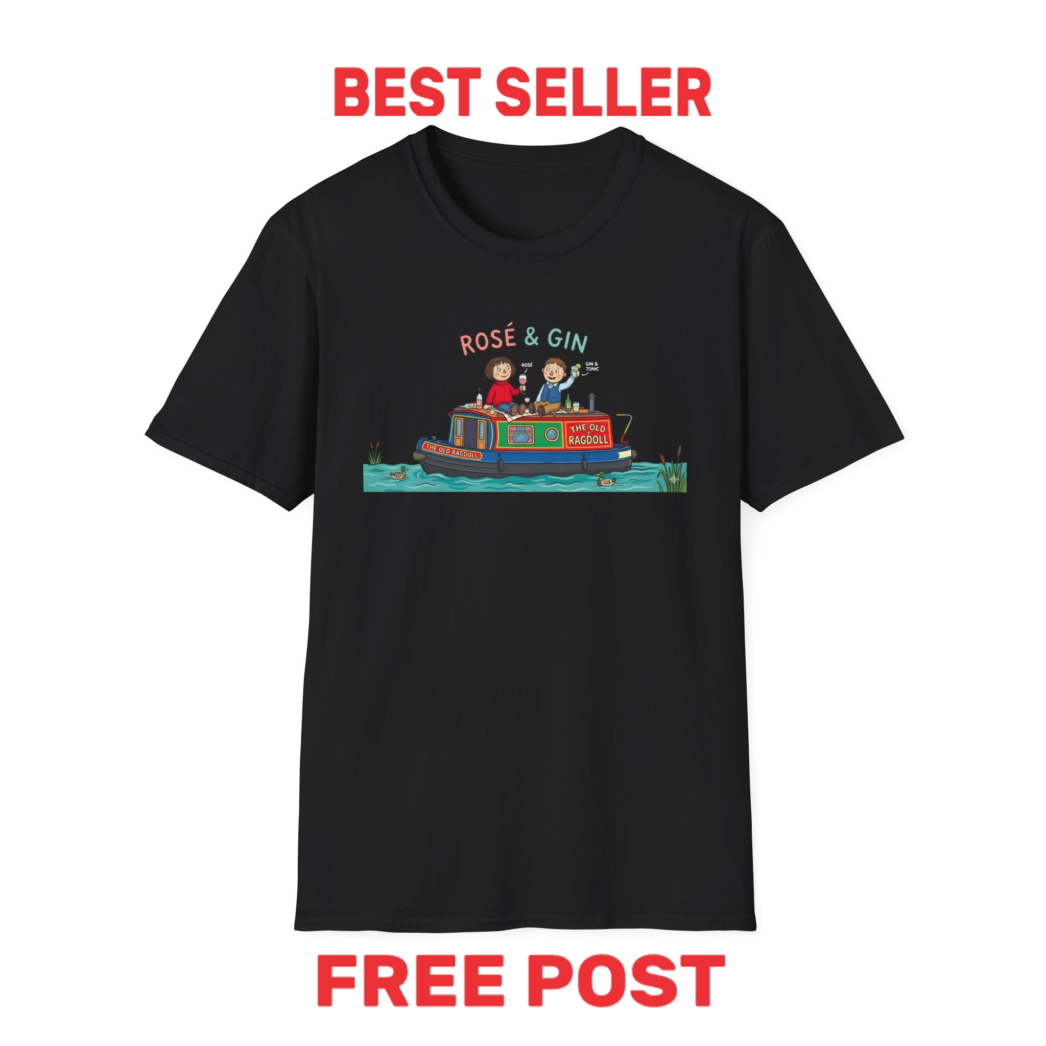 Rosie and Jim Black t-shirt with a graphic design and text 'Best Seller' and 'Free Post' on a white background
