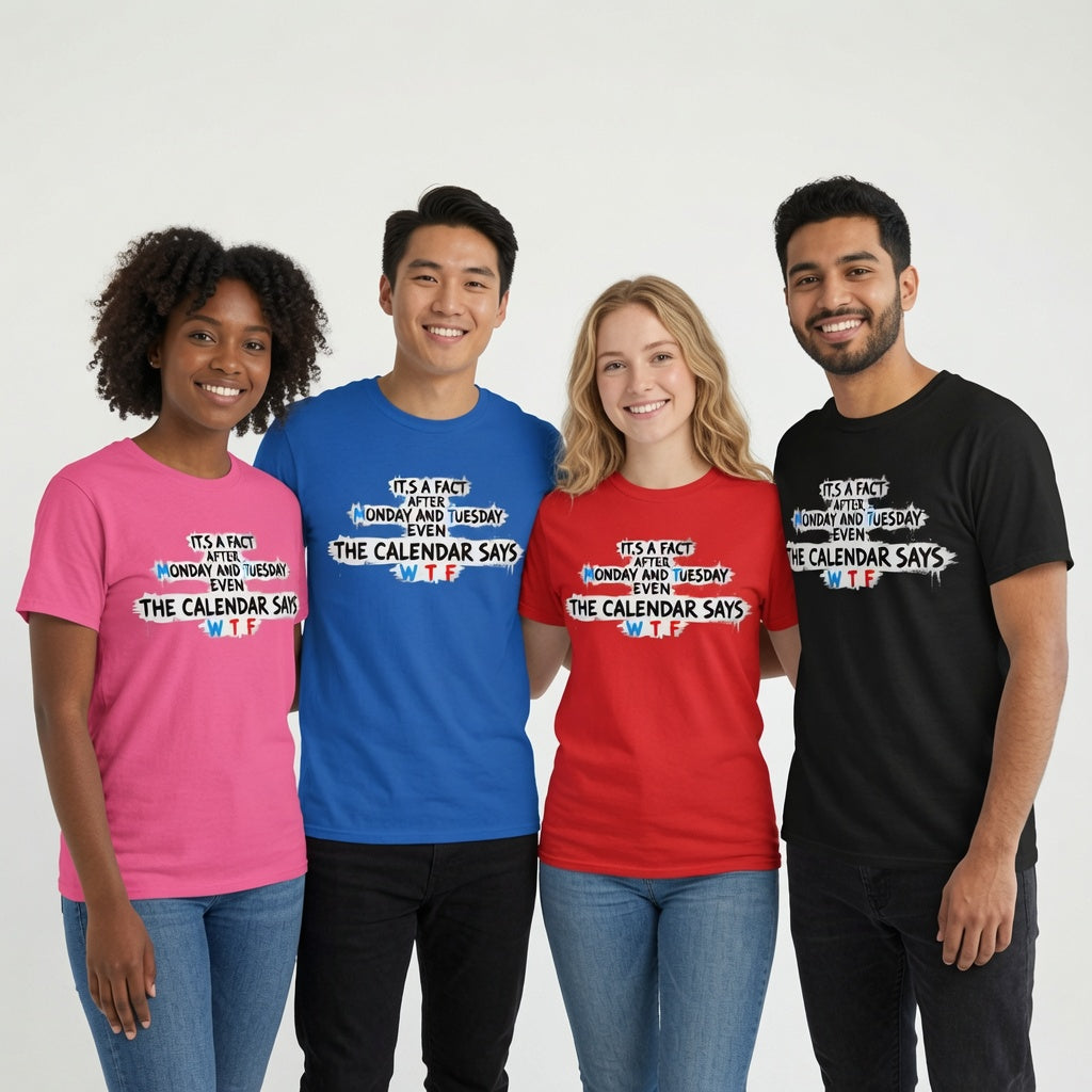 Funny WTF Calendar T-Shirt -Four models wearing graphic t-shirts in pink, blue, red, and black, standing against a light gray studio background. Each shirt features a colourful graphic with the text- It's a Fact After Monday and Tuesday Even The Calendar Says WTF 
