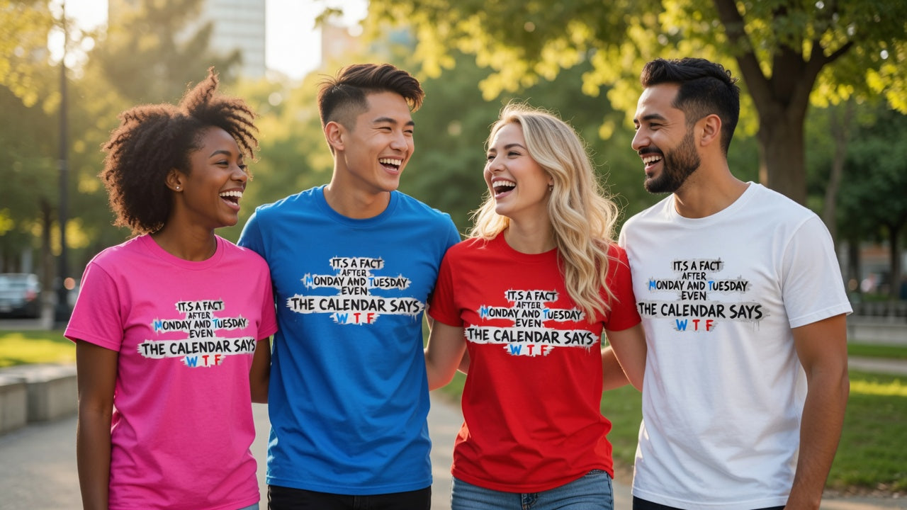 Four people standing outdoors in a park wearing matching graphic t-shirts in pink, blue, red, and white. Each shirt features the text 'IT'S A FACT THAT MONDAY AND TUESDAY ARE THE CALENDAR DAYS. W T F