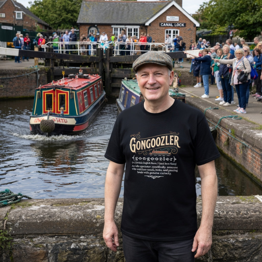Man wearing a black t-shirt with 'Gongoozler' branding stands in front of canal lock with boats and spectators.