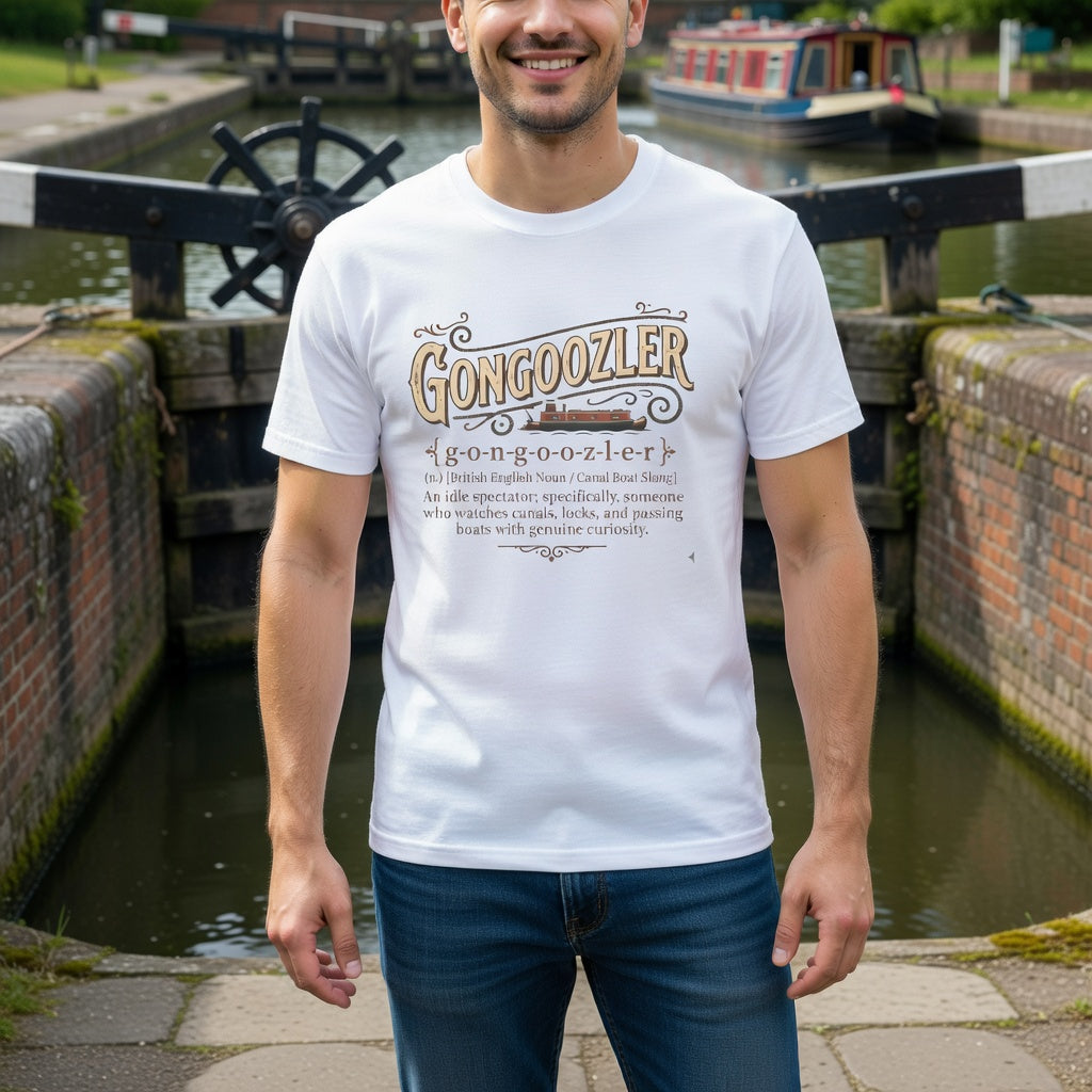 Man wearing a white t-shirt with 'Gongoozler' text standing by a canal lock.