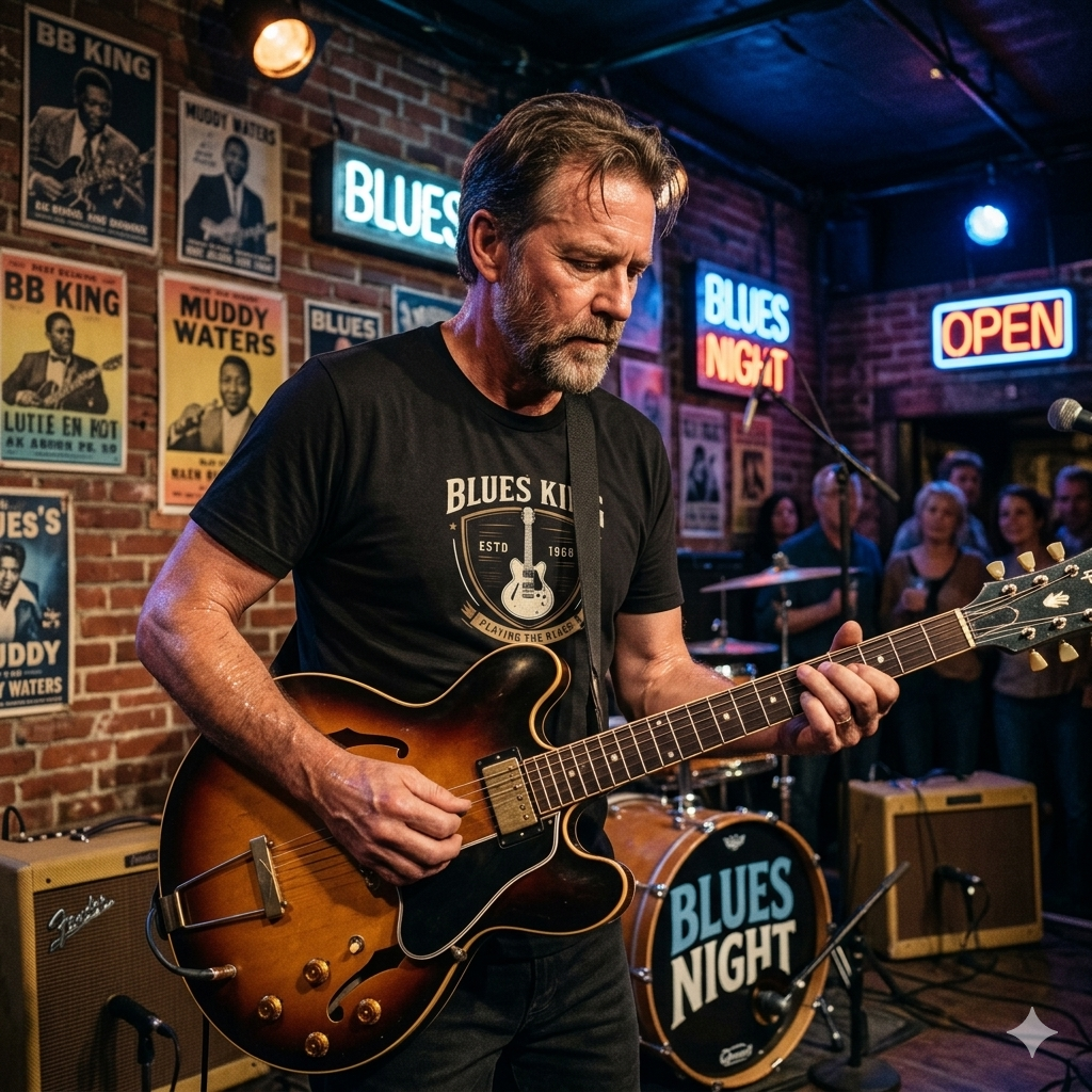 Man playing guitar in a blues-themed bar with neon signs and posters on the wall.
WEARING A BLACK BLUES KING GRAPHIC SHIRT