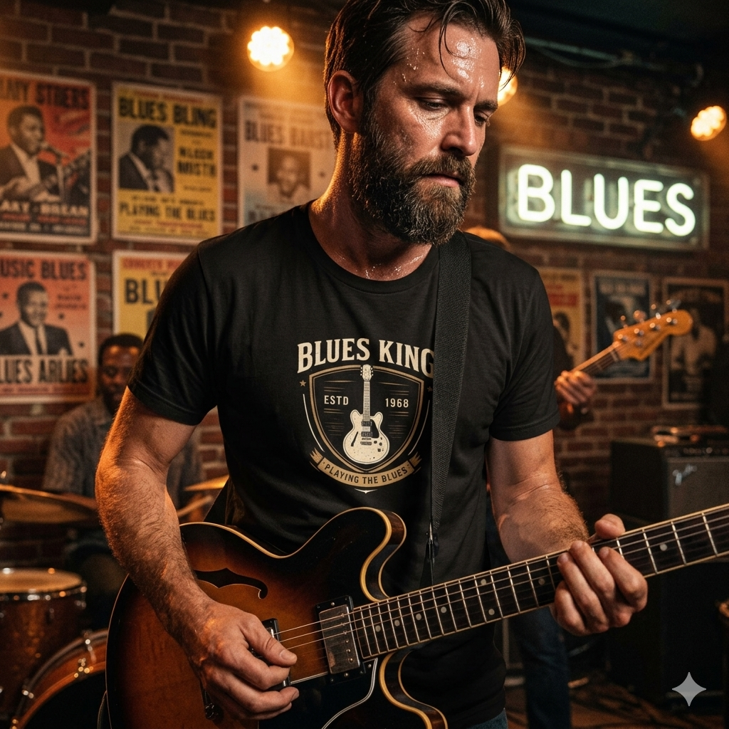 Man playing guitar in a blues-themed bar with posters on the wall. WEARING A BLACK BLUES KING GRAPHIC SHIRT