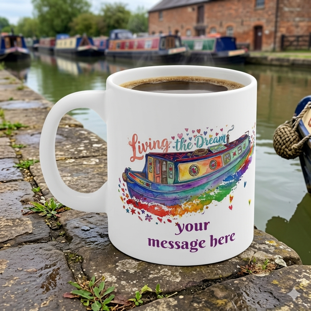 Personalised White mug with colourful narrow boat illustration and text 'Living the Dream' on a stone ledge by a canal.