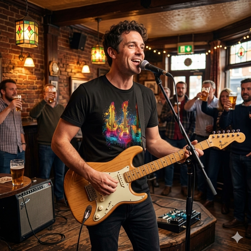 Man playing guitar and singing into a microphone in a pub setting with people drinking beer.  Wearing a Vivid Paint Splash Design Three Guitars Trio T-Shirt — Colourful Musical Instrument 