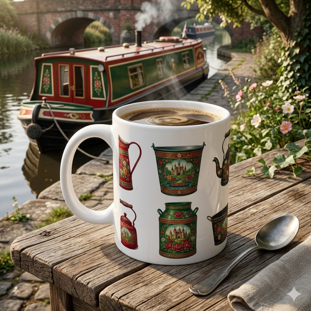 Roses and castles canal art  mug with tea-themed design on a wooden table by a canal with a boat.
