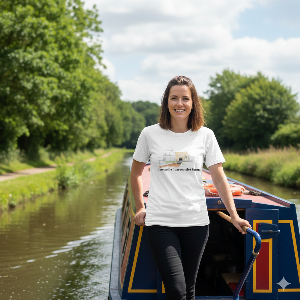 Woman standing on a boat by a canal with greenery and blue sky in the background