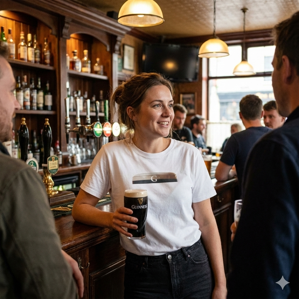 Woman holding a pint of Guinness in a pub setting GUINNESS G SPOT Graphic T-Shirt   