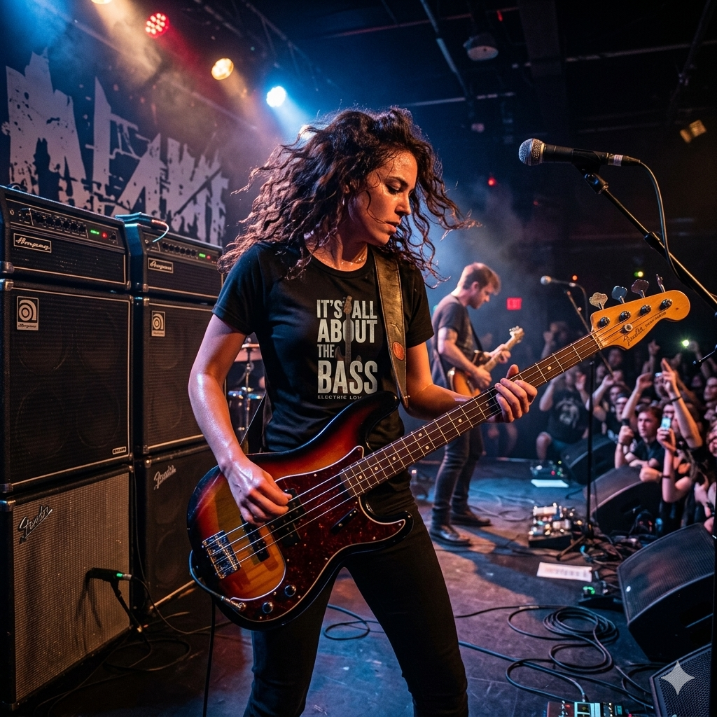 Person playing bass guitar on stage with amplifiers and a microphone wearing a black t shirt with it's all about the bass graphic.