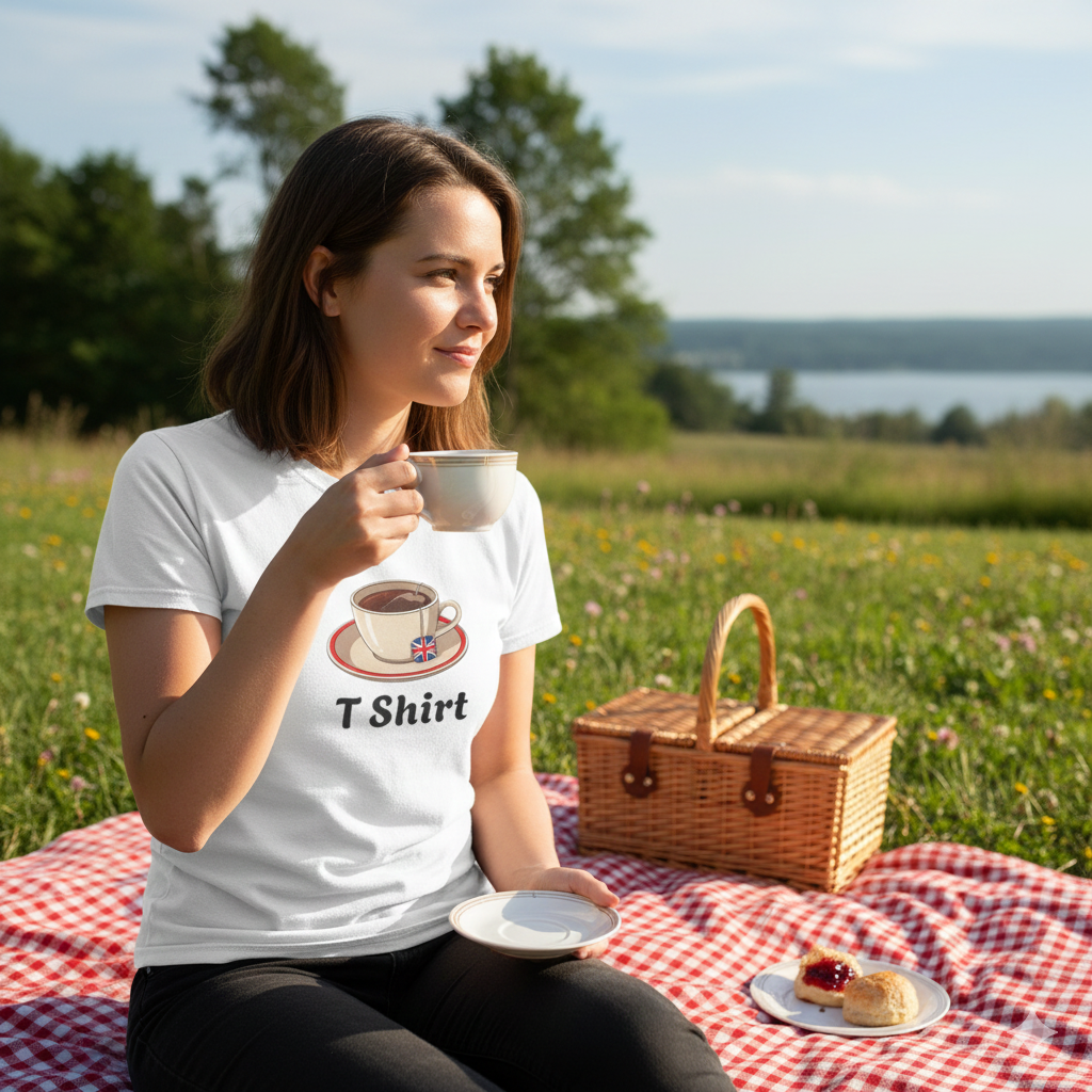 Woman sitting on a blanket in a field, enjoying a picnic with a t-shirt featuring a coffee cup design.