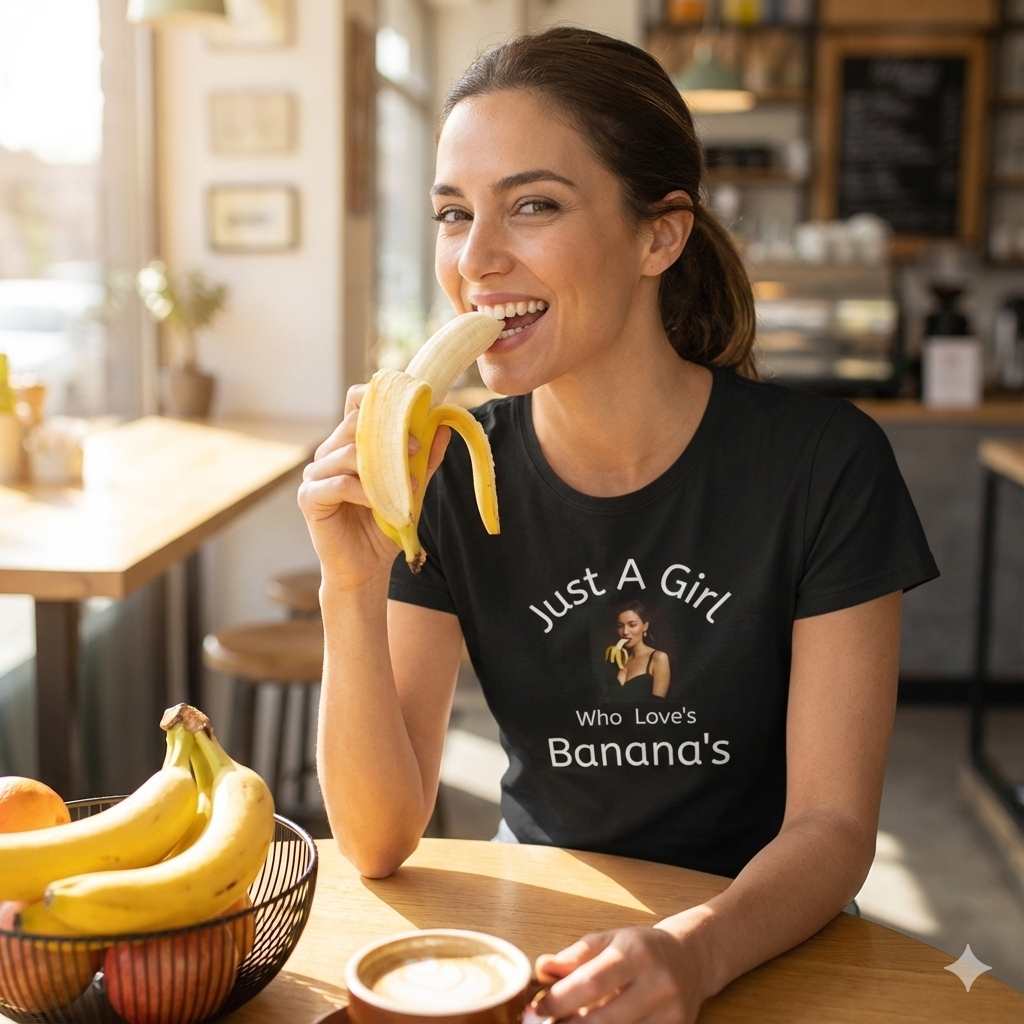 Woman eating a banana wearing a black t-shirt with text JUST A GIRL WHO LOVES BANANAS  in a kitchen.