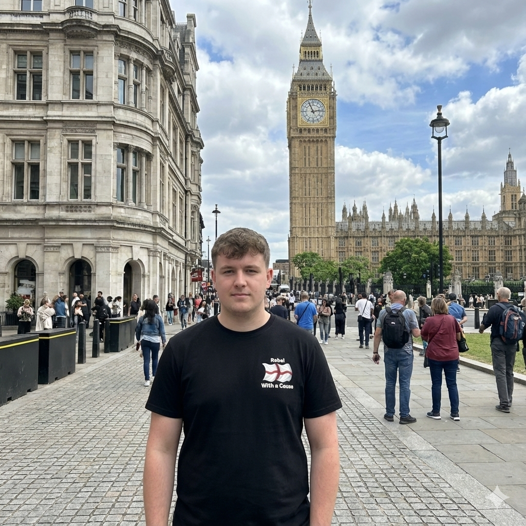Person standing in front of Big Ben and the Palace of Westminster in London.
Wearing Rebel With a Cause Pocket T-Shirt — Saint George Flag Graphic