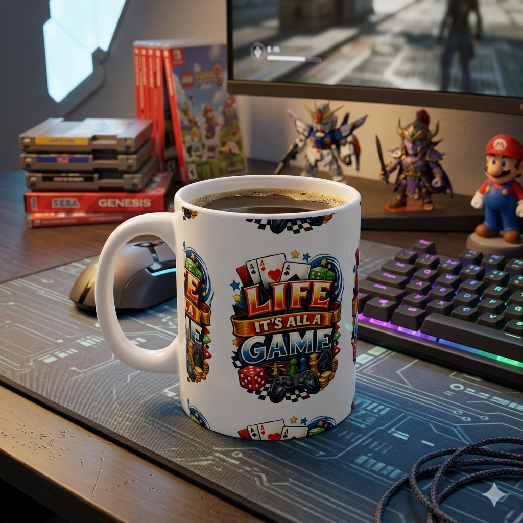 Mug with 'Life is a Game' design on a gaming desk with console games and figurines.