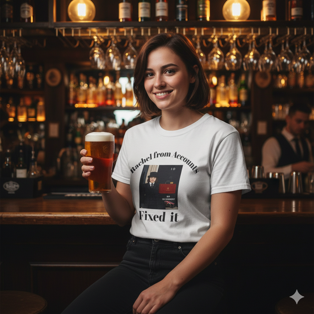 Woman in bar wearing white t shirt with design RIP UK Economy 'Rachel From Accounts Fixed It' Funny Political Satire T-Shirt