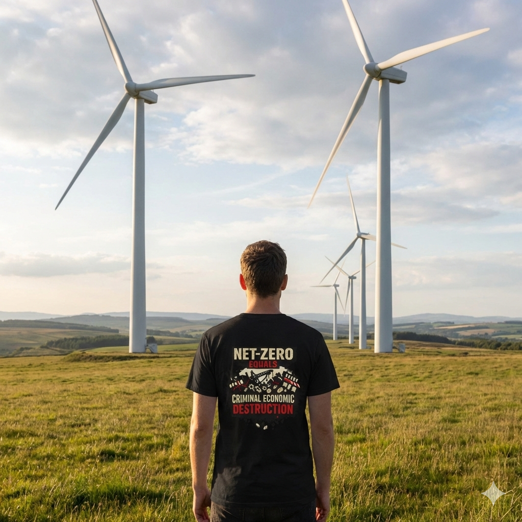 Person wearing a 'NET-ZERO' t-shirt standing in front of wind turbines.