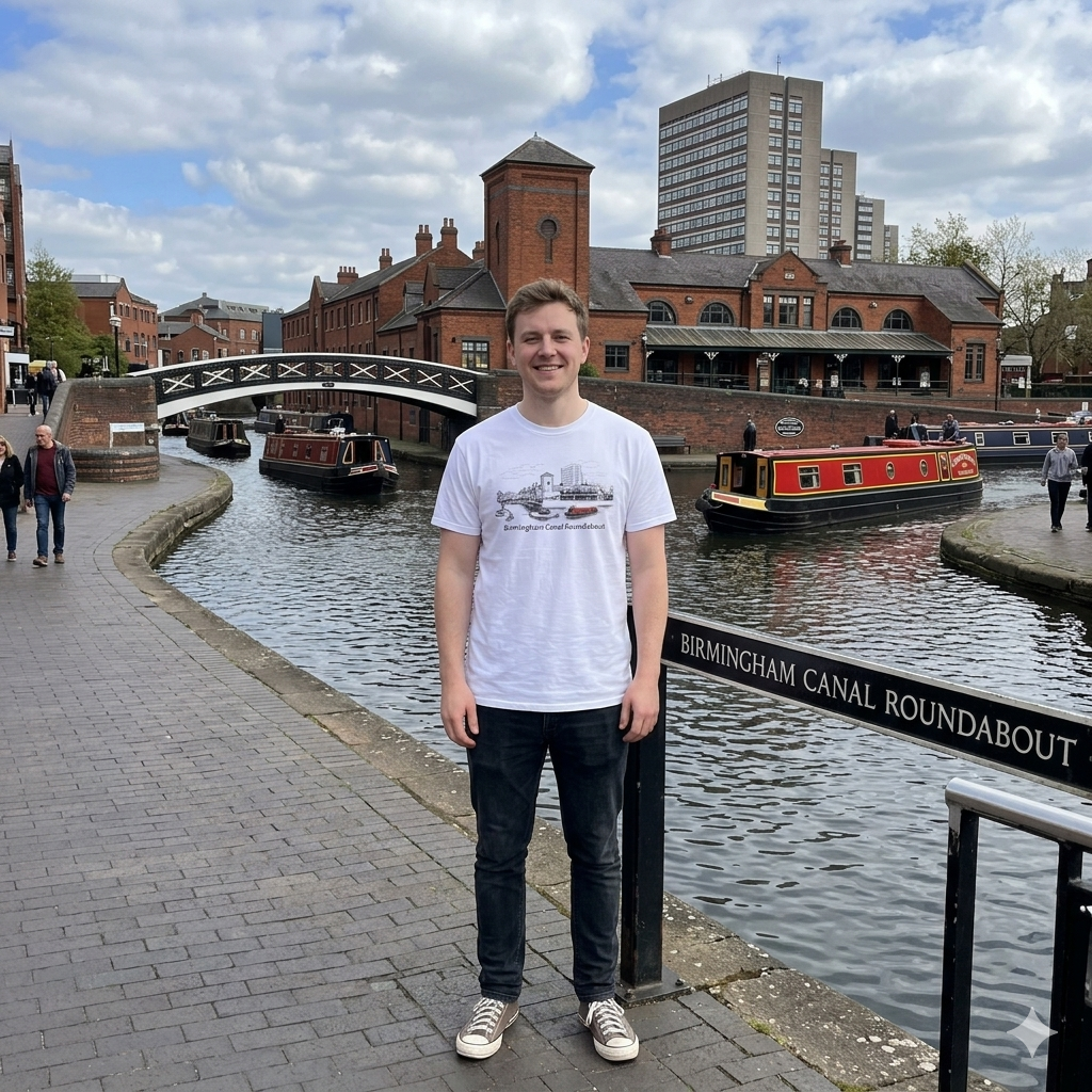 Person standing at Birmingham Canal Roundabout with canal and buildings in the background wearing Birmingham Canal Roundabout T-shirt featuring a classic narrow boat illustration. Perfect for canal lovers, boaters, and Birmingham history fans.