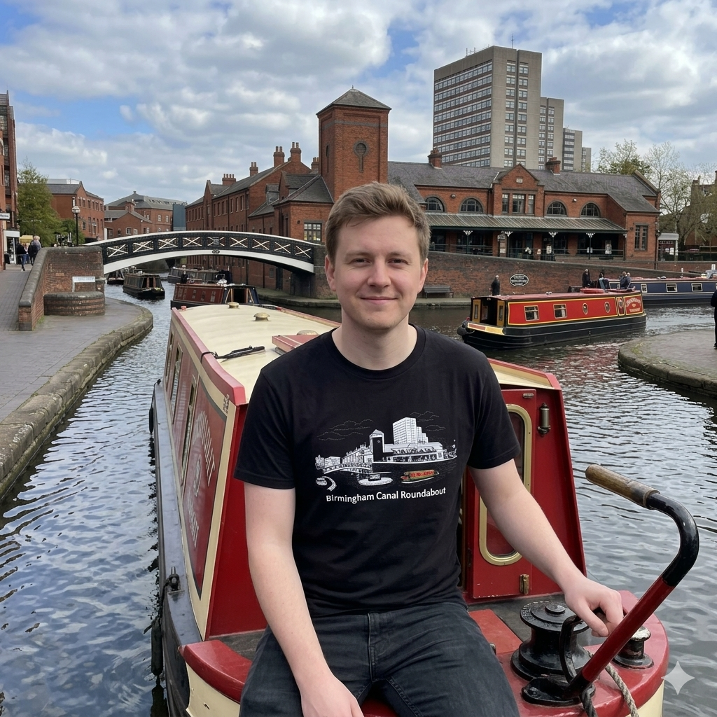  Birmingham Canal Roundabout T-shirt featuring a classic narrowboat illustration. Perfect for canal lovers, boaters, and Birmingham history fans.