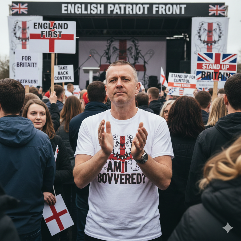 Man wearing White T‑Shirt — "Am I Bovvered?" English Bulldog with St. George Flag Graphic at a political meeting