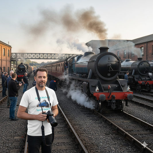 Steam loco enthusiast spotting trains wearing white t-shirt with LNER Mallard design and text on a white background