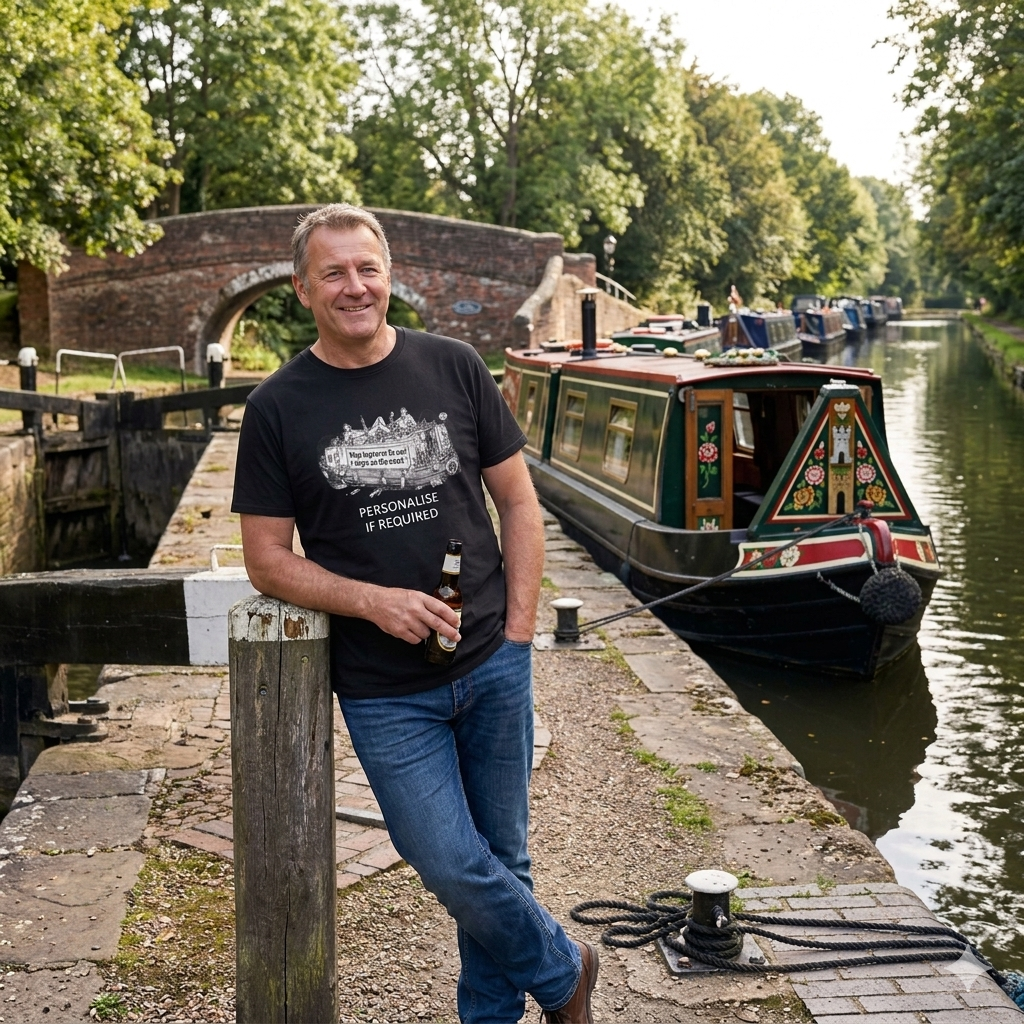 Man standing by a canal with a narrowboat in the background wearing black t shirt with graphic what happens on the canal beer humour