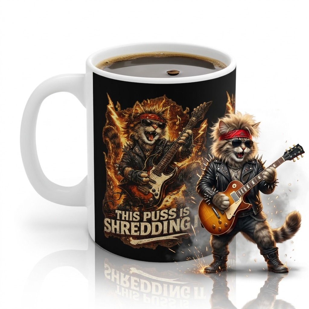 Mug with a graphic of a cat playing guitar and the text 'This Puss is Shredding' on a white background.