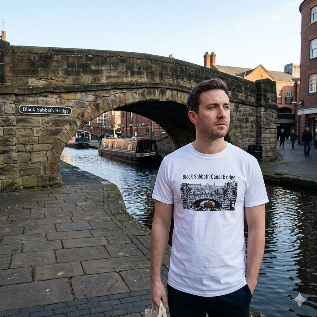 Man wearing a white t-shirt with a graphic design standing in front of Black Sabbath Bridge over a canal.