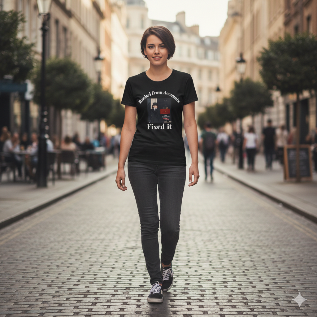 Woman walking down a city street wearing a black t-shirt with graphic design.RIP UK Economy 'Rachel From Accounts Fixed It' Funny Political Satire T-Shirt