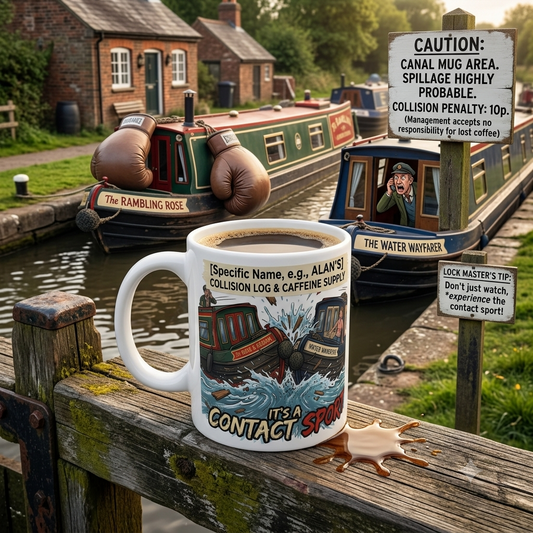 Coffee Mug with funny colourful canal-boat crashing design with text it's a contact sport, and option to personalise on a wooden railing by a canal with boats.