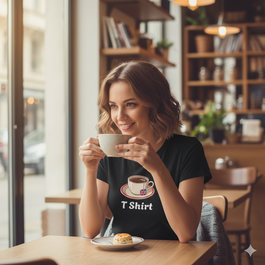 Woman in a cafe holding a cup, wearing a black t-shirt with a coffee design.