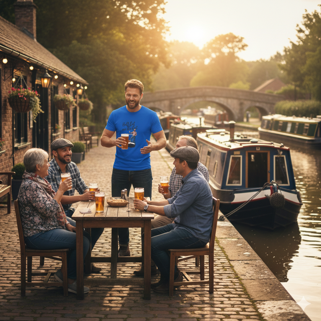 Group of people enjoying drinks by a canal with boats and a pub in the background.