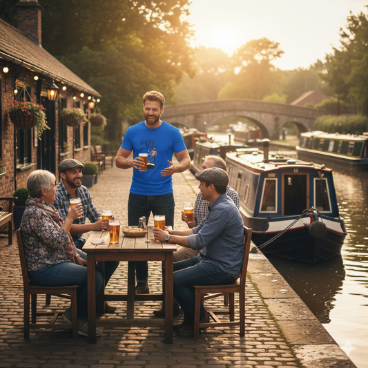 Group of people enjoying drinks by a canal with boats and a pub in the background.