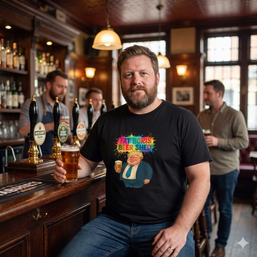 Fat Boris Beer Shed black T-Shirt — Funny Beer Drinker Graphic Tee 